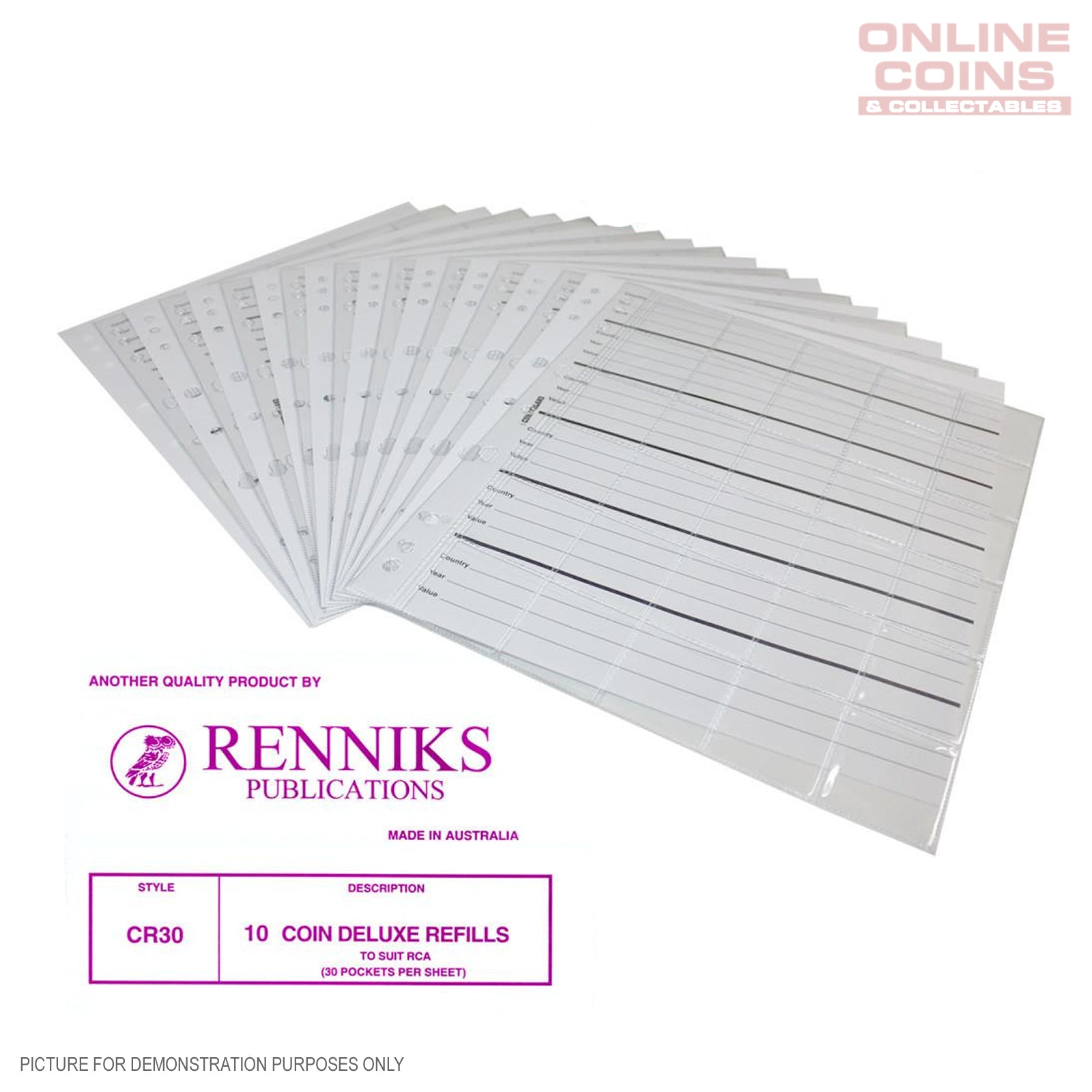 RENNIKS CR30 Coin Album Pages Packet of 10 - Can fit Australian 50c, and Penny Coins
